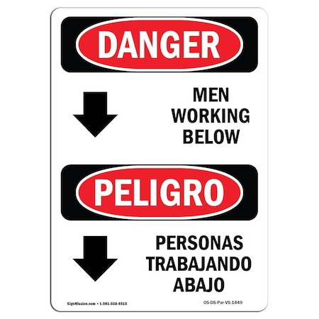 OSHA Danger Sign, Men Working Below Bilingual, 10in X 7in Decal